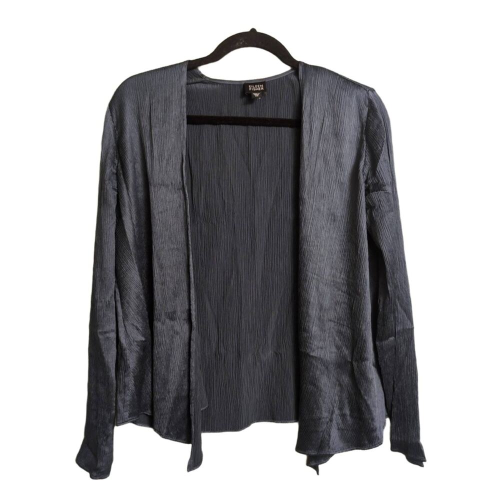 Eileen Fisher Blue Crinkle Silk Textured Open Front Drape Cardigan L/S XS
